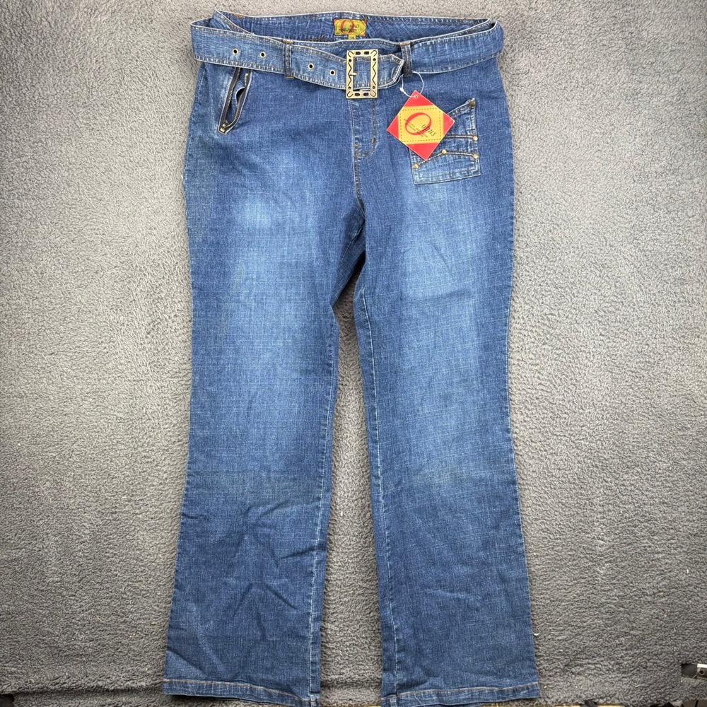 Opus Vintage Y2K Belted Flare Jeans Womens 14 Dark Crosshatch‎ Blue BG-001 NWT